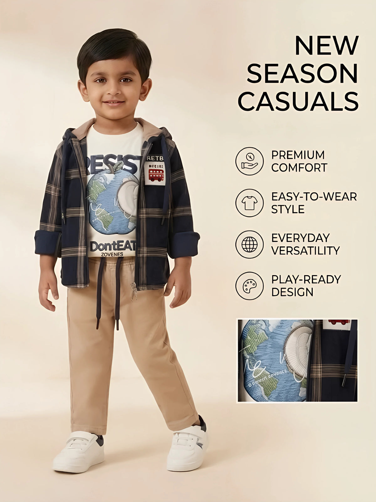 Boys Black Plaid Hooded Jacket and T-Shirt Clothing Set