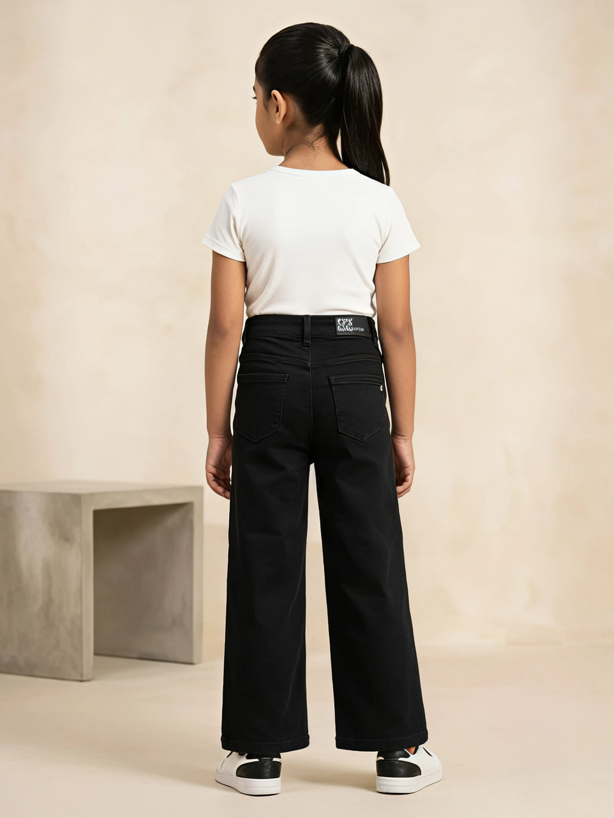 Girls Black High-Waist Wide Leg Casual Pants.