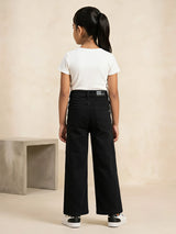 Girls Black High-Waist Wide Leg Casual Pants.