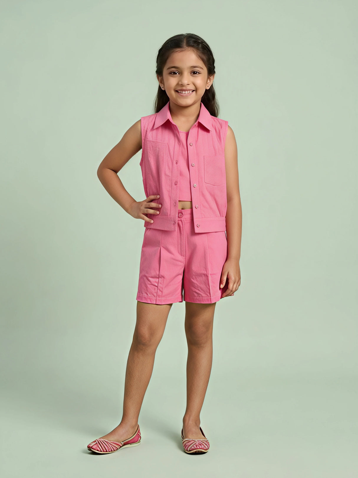 Girls Pink Cotton 3-Piece Co-ord Set with Embroidered Vest