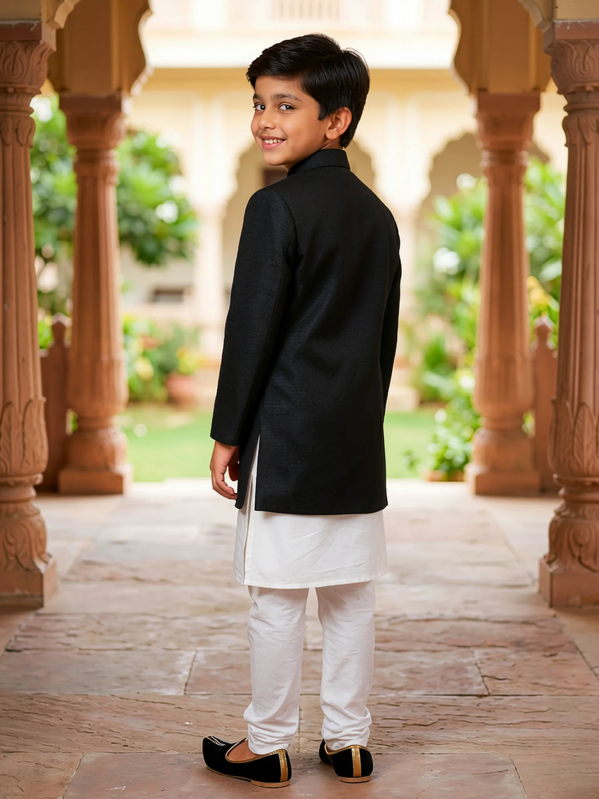 Boys Black Jodhpuri Sherwani Set with Pocket Square ()