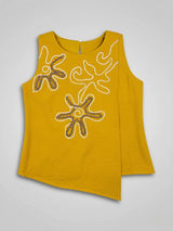 Girls Yellow Floral Embroidered Sleeveless Top