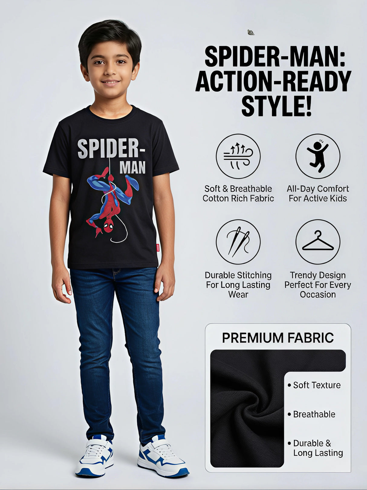 Marvel Spider-Man Boys Black Graphic Print T-Shirt