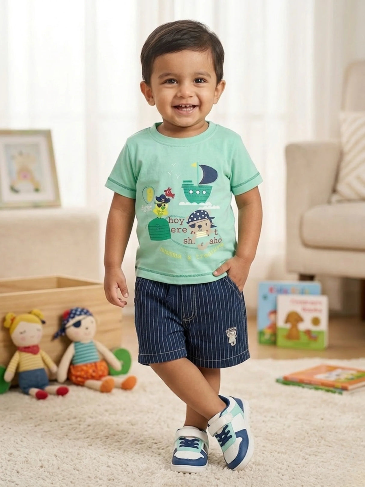 Boys Sea Green Pirate Ship Graphic T-Shirt and Striped Shorts Set