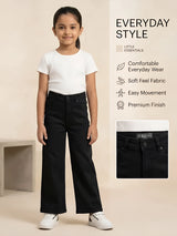 Girls Black High-Waist Wide Leg Casual Pants.