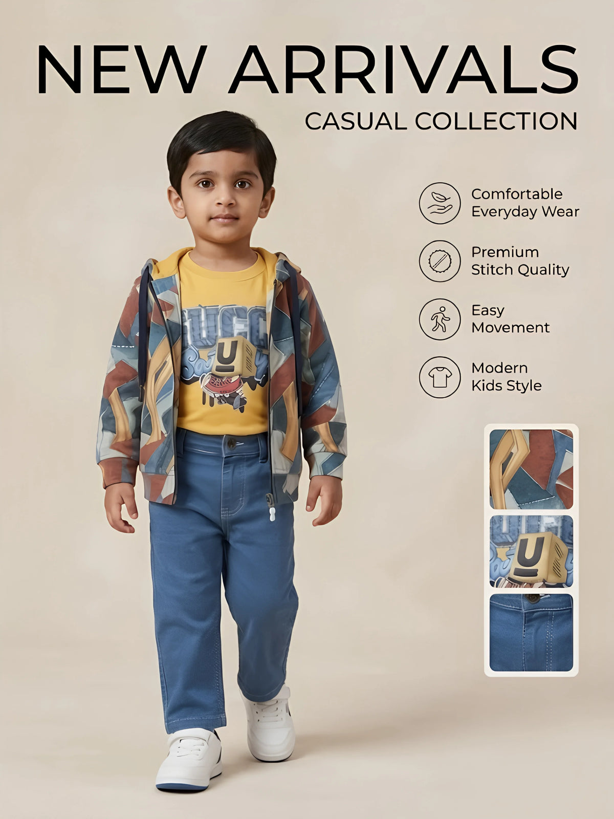 Boys Yellow Hooded Jacket T-Shirt and Jeans Set