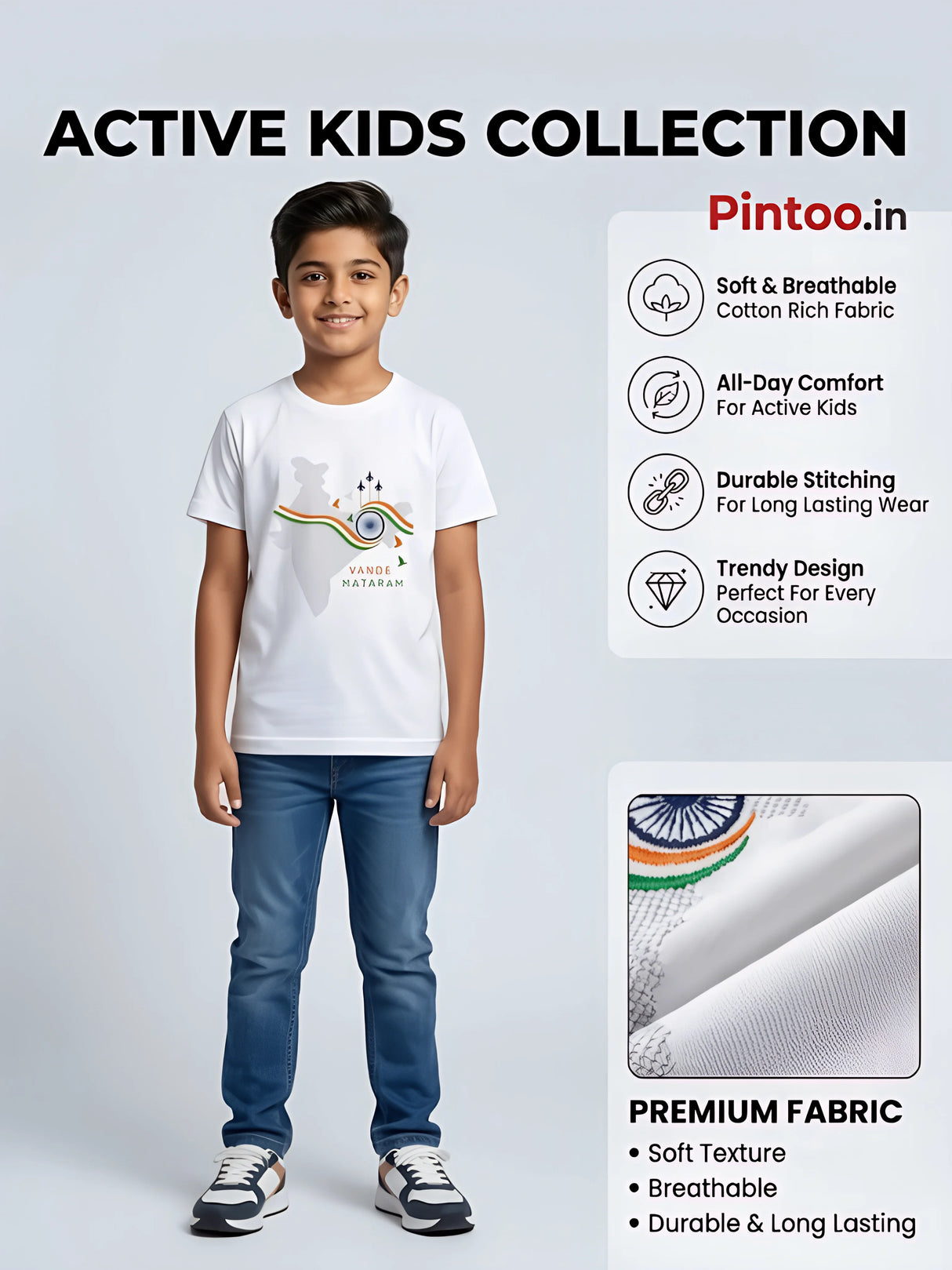 Boys White 15 August Independence Day Vande Mataram Printed Round Neck T-Shirt