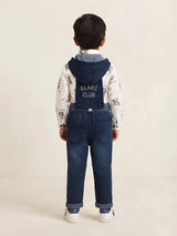 Boys White Teddy Bear Printed Shirt with Dungaree Pants Set