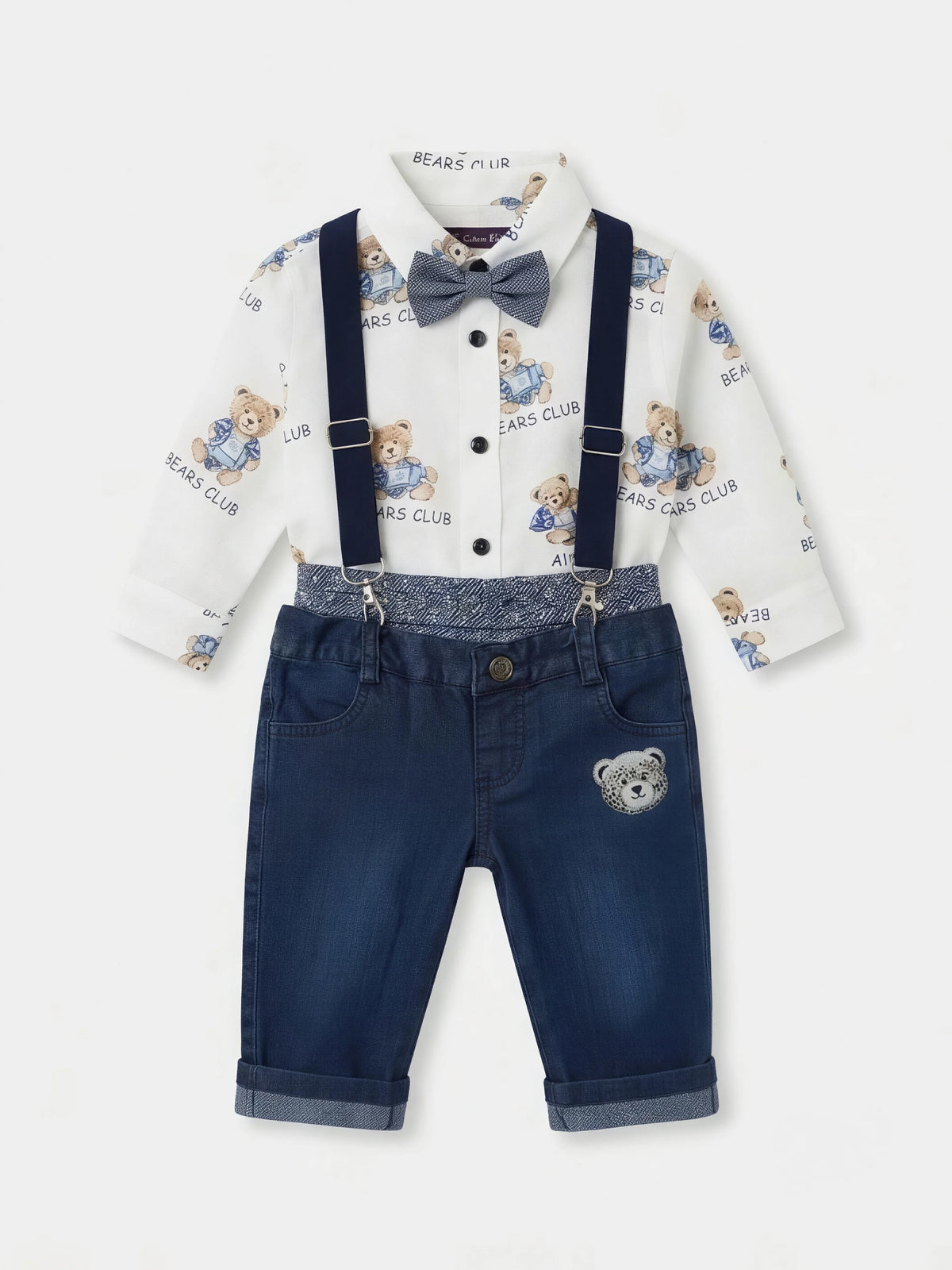 Boys White Teddy Bear Printed Shirt with Dungaree Pants Set