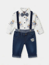 Boys White Teddy Bear Printed Shirt with Dungaree Pants Set