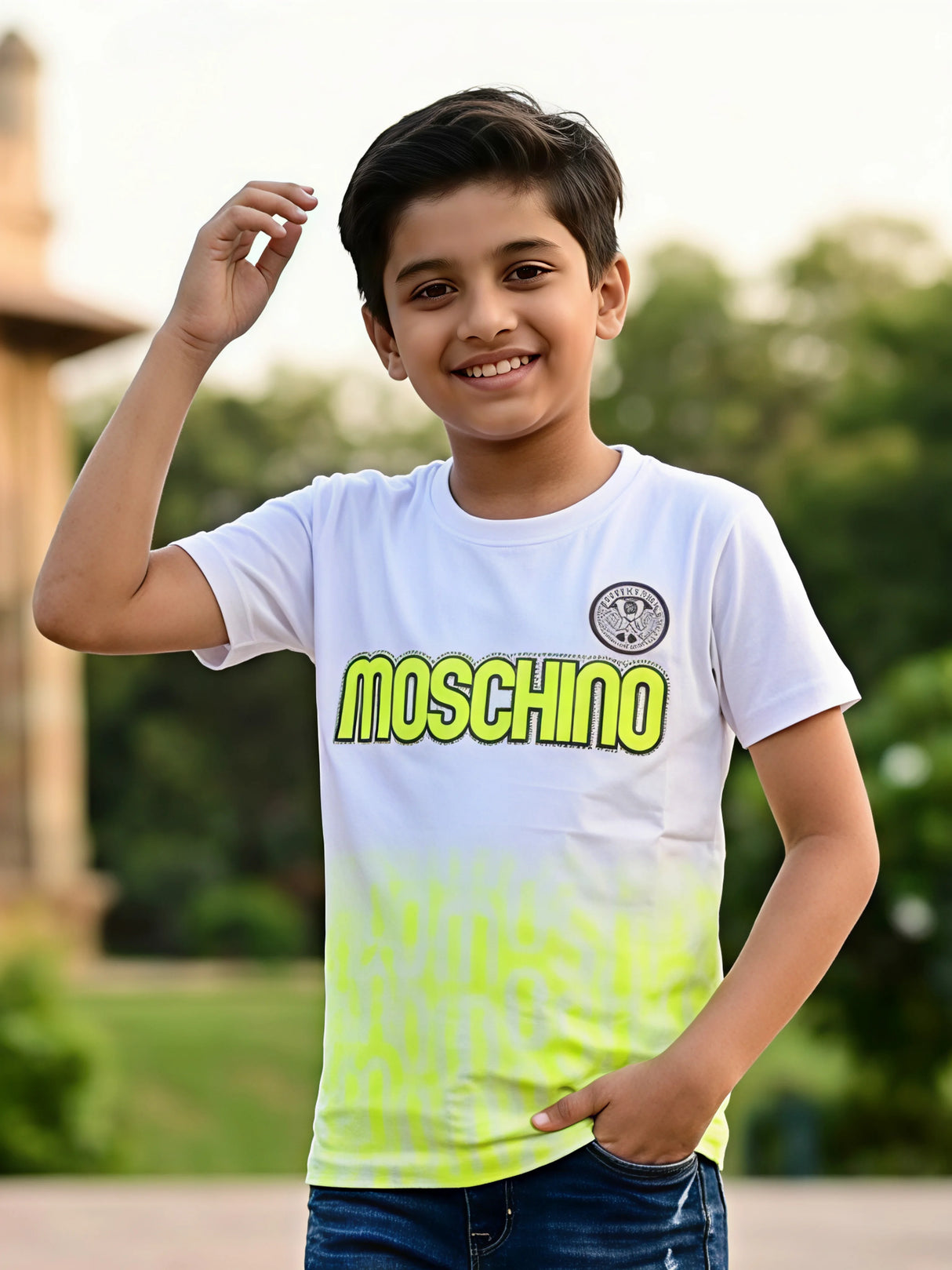 Boys White & Neon Yellow Moschino Graphic T-Shirt