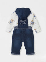 Boys White Teddy Bear Printed Shirt with Dungaree Pants Set