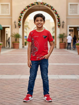 Boys Vibrant Red Graphic Print Cotton T-Shirt