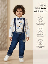 Boys White Teddy Bear Printed Shirt with Dungaree Pants Set