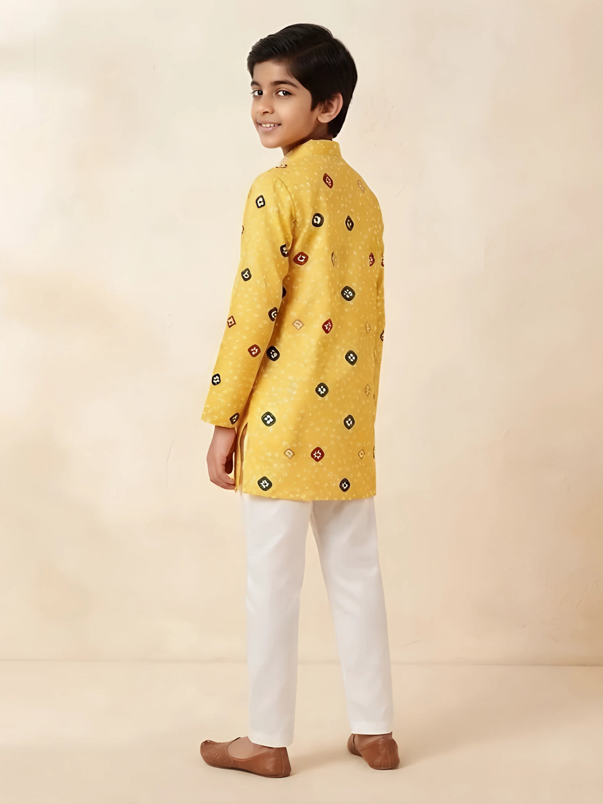 Yellow Bandhani Print Kurta Pajama Set for Boys