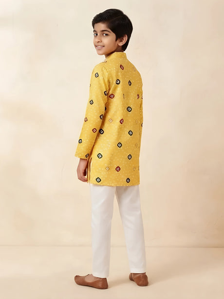 Yellow Bandhani Print Kurta Pajama Set for Boys
