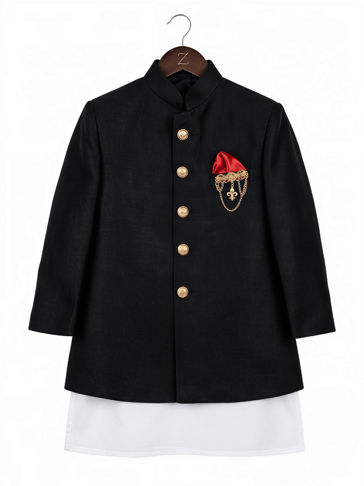 Boys Black Jodhpuri Sherwani Set with Pocket Square ()