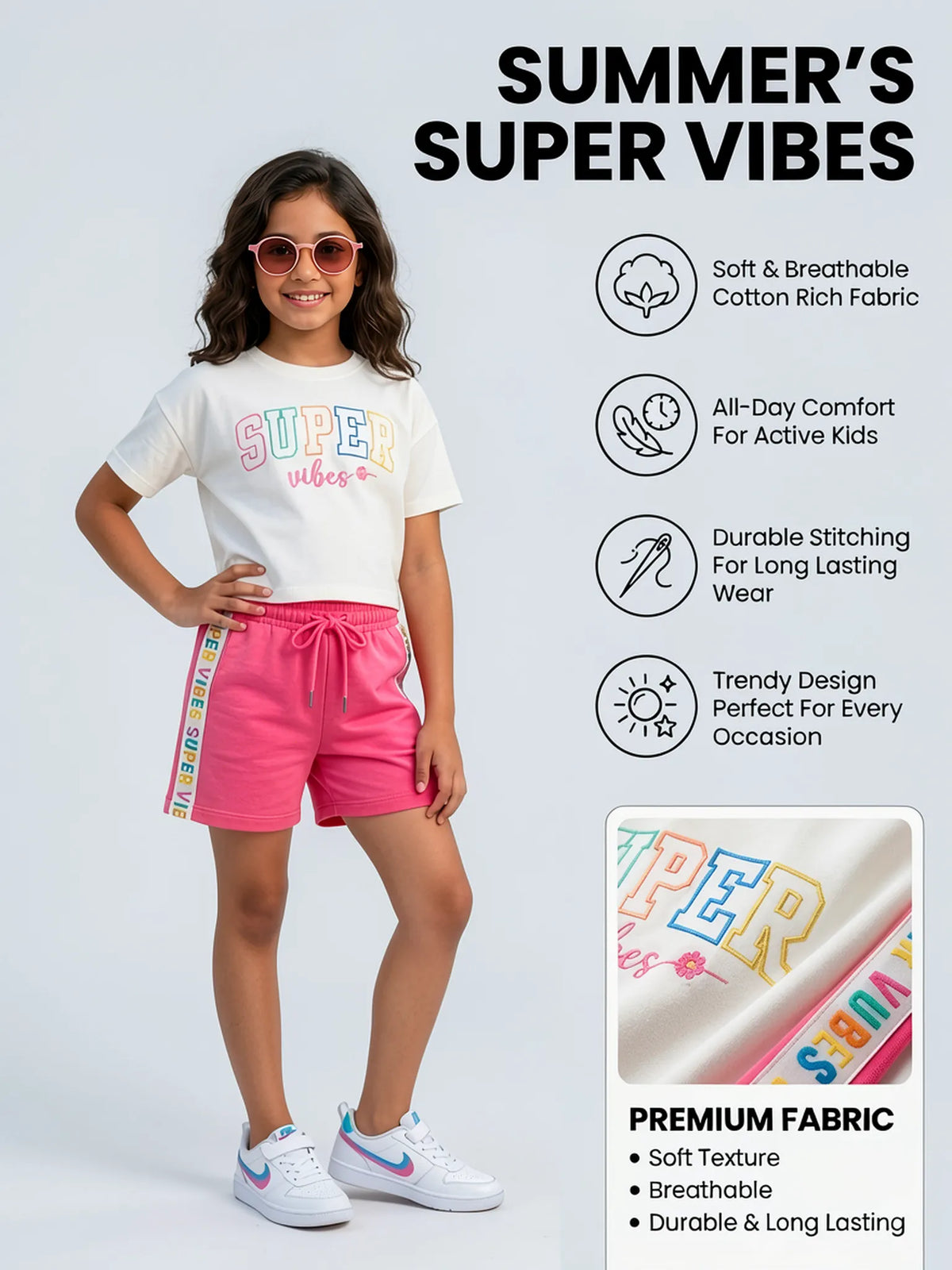 Girls Pink Super Vibes Crop Top and Shorts Co-ord Set