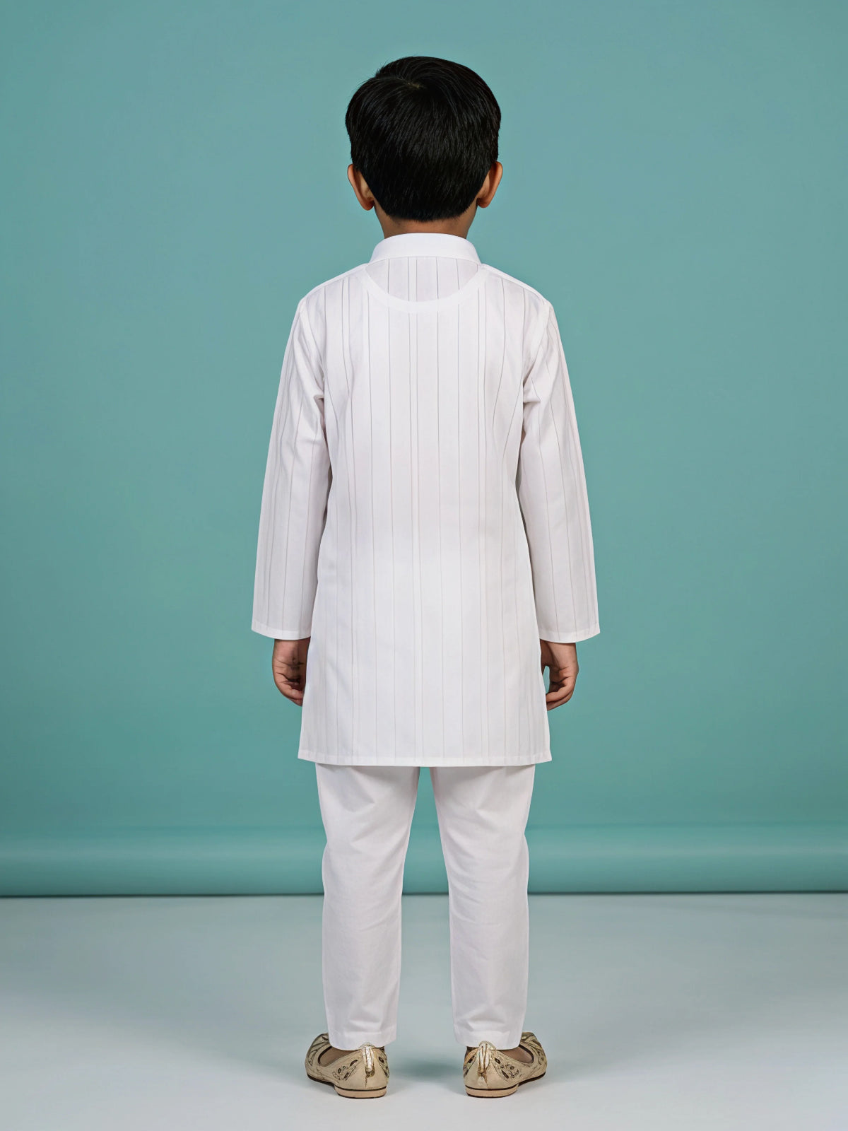 Boys White Striped Kurta Set