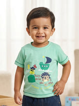 Boys Sea Green Pirate Ship Graphic T-Shirt and Striped Shorts Set