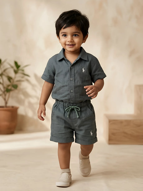 Green solid boys coordinate set featuring a short-sleeve button-down shirt and matching shorts.