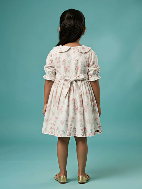 Girls Cream Floral Printed Frock with Peter Pan Collar & Elasticated Puff Sleeves.