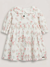 Girls Cream Floral Printed Frock with Peter Pan Collar & Elasticated Puff Sleeves