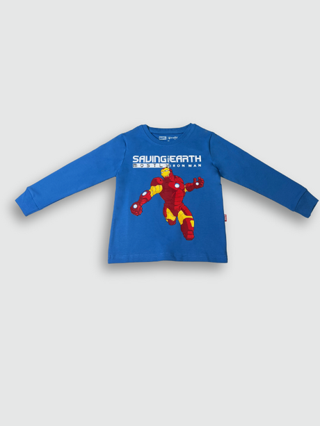 Vibrant royal blue boys' short-sleeve T-shirt with a large, pink/red "GARFIELD!" text graphic and comic-style illustrations running down the right side.