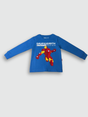 Vibrant royal blue boys' short-sleeve T-shirt with a large, pink/red "GARFIELD!" text graphic and comic-style illustrations running down the right side.