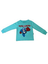 Light blue boys' short-sleeve T-shirt with a horizontal ribbed texture, featuring a small circular graphic of a cross emblem with surrounding text on the chest.