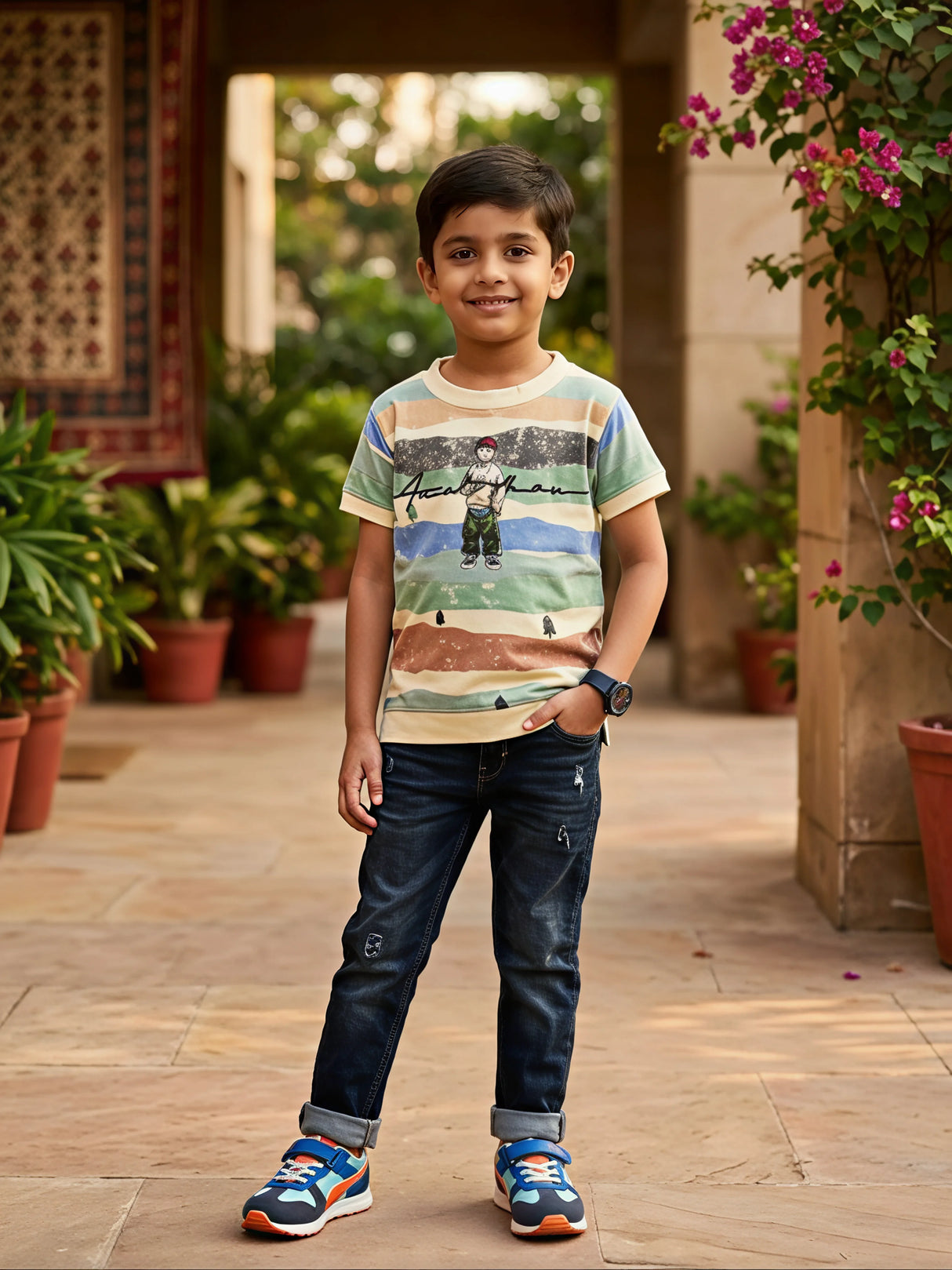 Boys Cream Striped Graphic Print T-Shirt