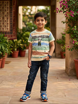 Boys Cream Striped Graphic Print T-Shirt