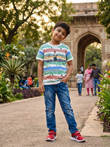 Boys White Multi-Color Striped Graphic T-Shirt