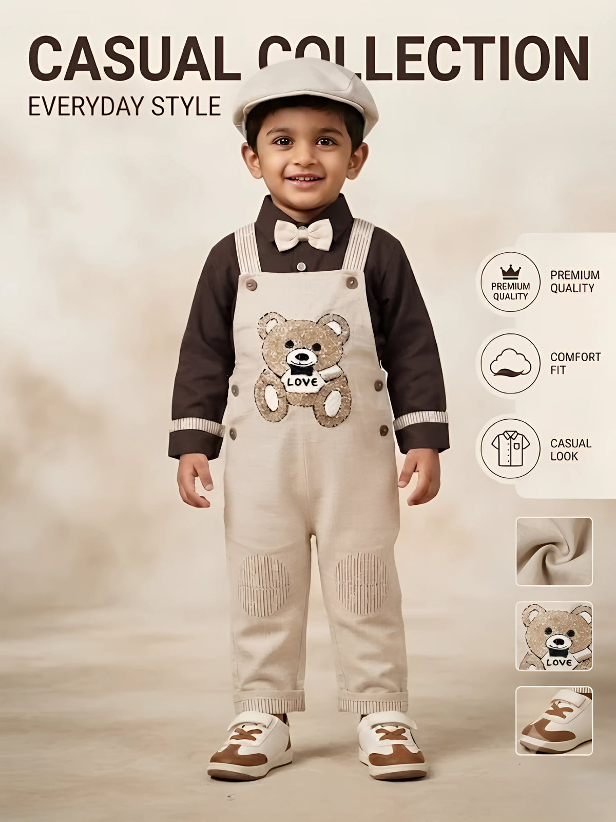 Boys Cream Teddy Bear Dungaree Set