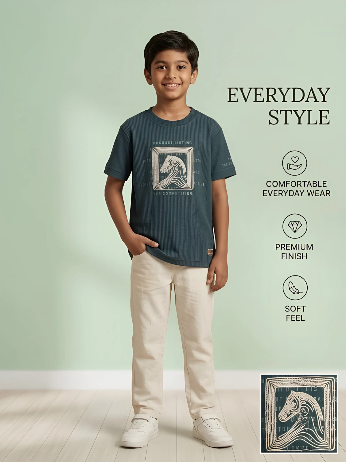 Boys Dark Green Printed Casual T-Shirt.