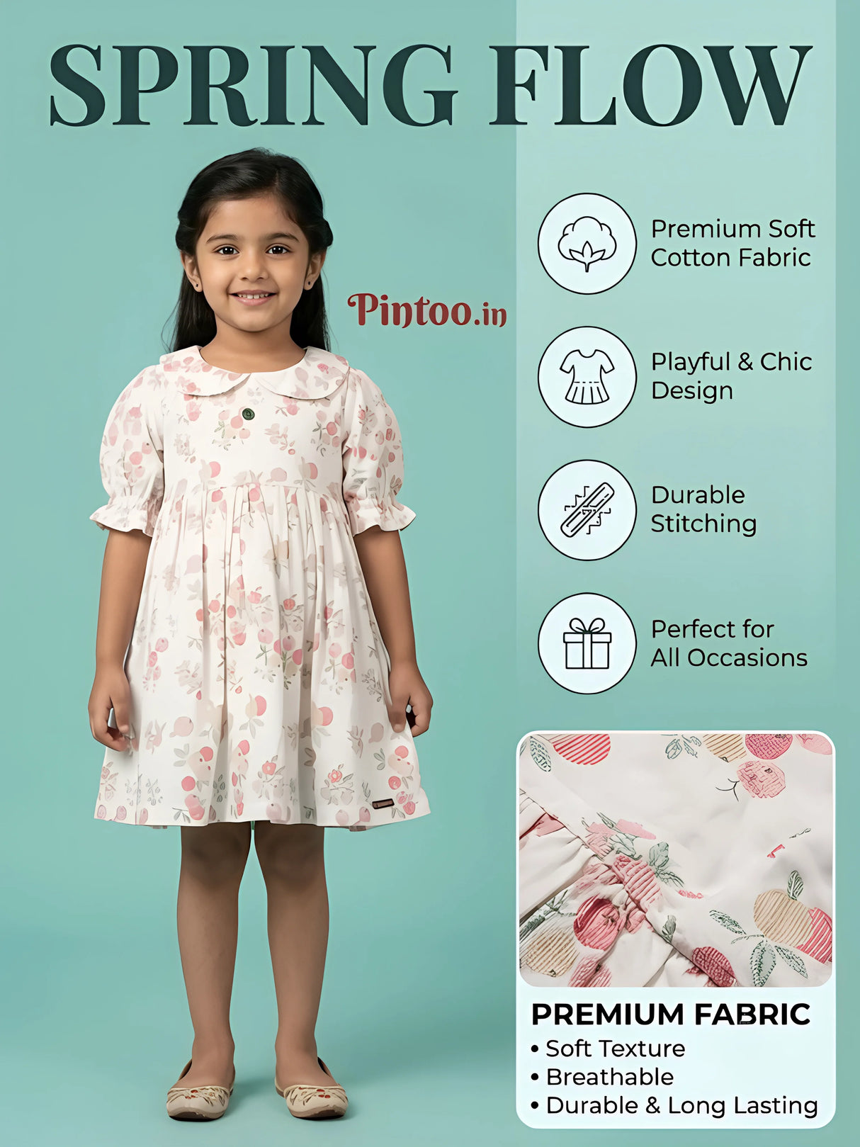 Girls Cream Floral Printed Frock with Peter Pan Collar & Elasticated Puff Sleeves