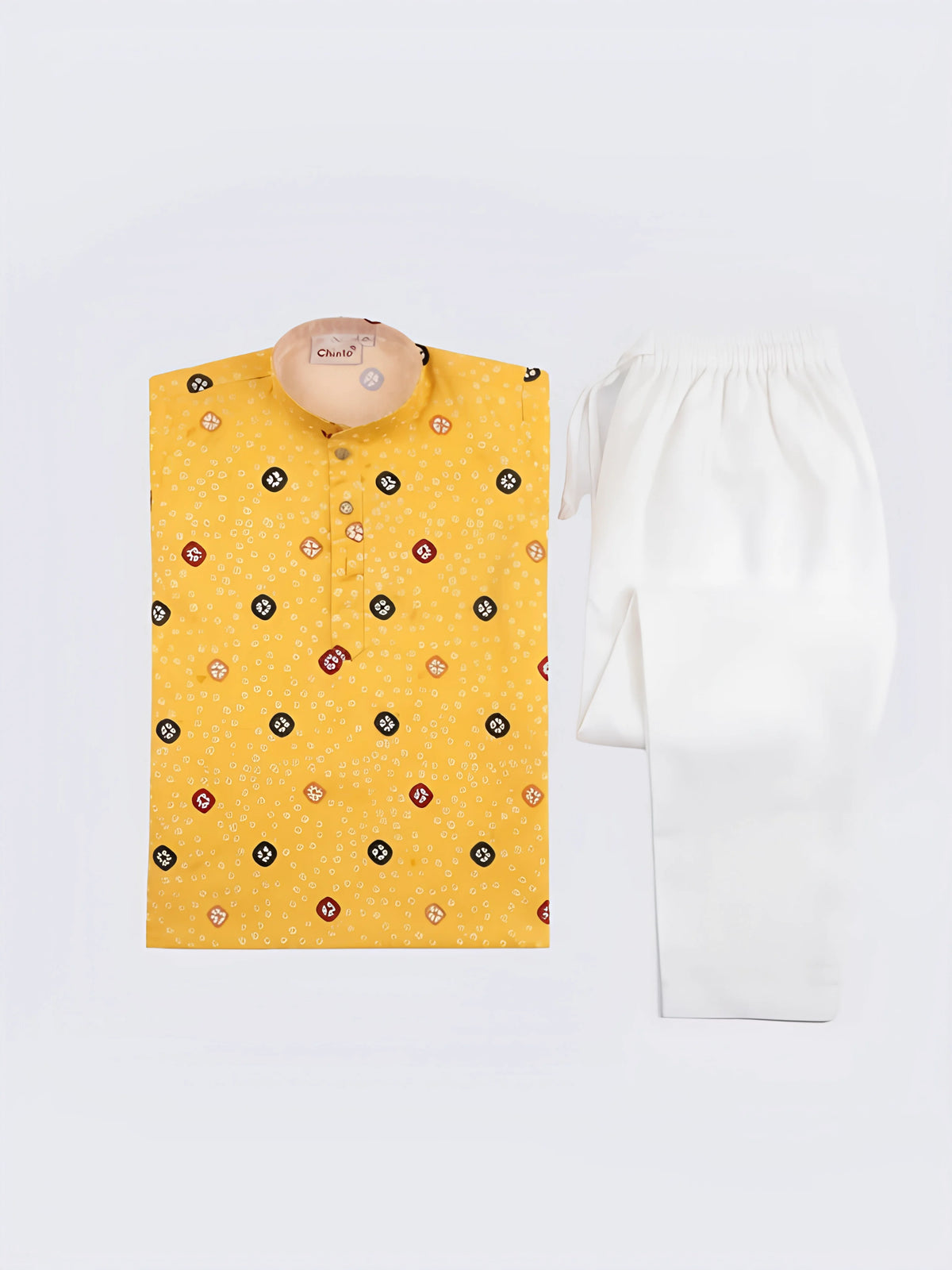 Yellow Bandhani Print Kurta Pajama Set for Boys