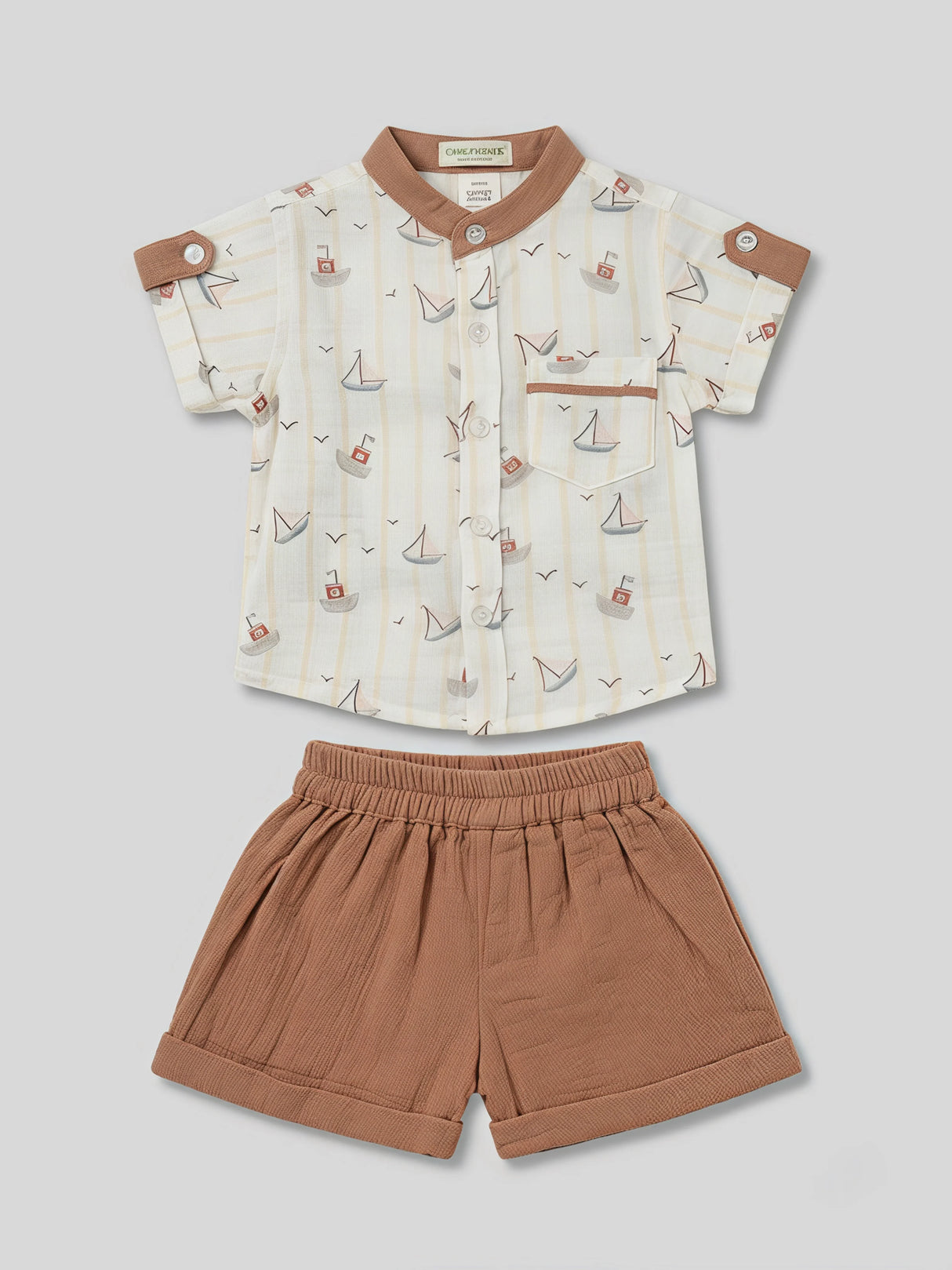 Boys Cream Boat Print Coordinate Set.