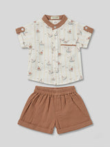 Boys Cream Boat Print Coordinate Set.