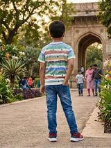 Boys White Multi-Color Striped Graphic T-Shirt
