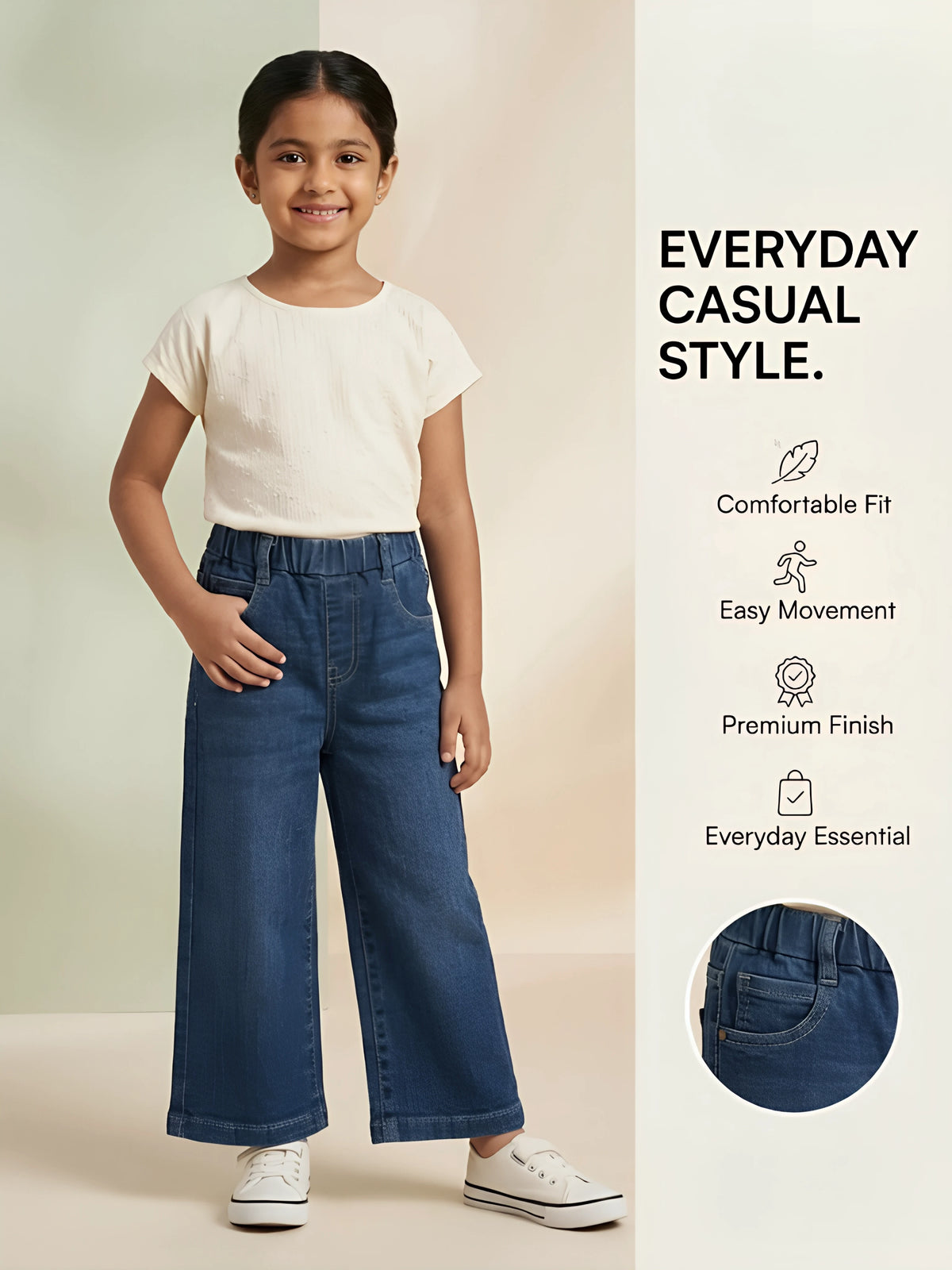 Girls Navy Blue Wide Leg Casual Pants.