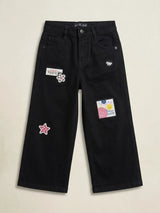 Girls Black Patchwork Wide Leg Casual Pants
