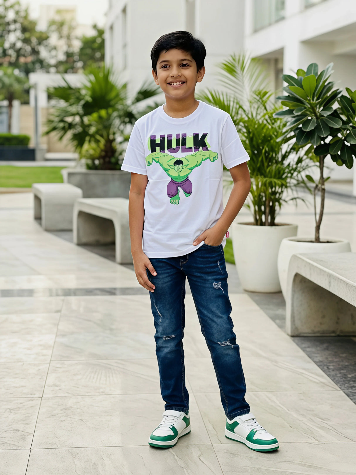 Boys' Hulk Graphic Print White Cotton T-Shirt