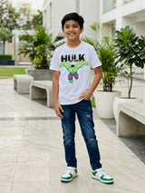 Boys' Hulk Graphic Print White Cotton T-Shirt