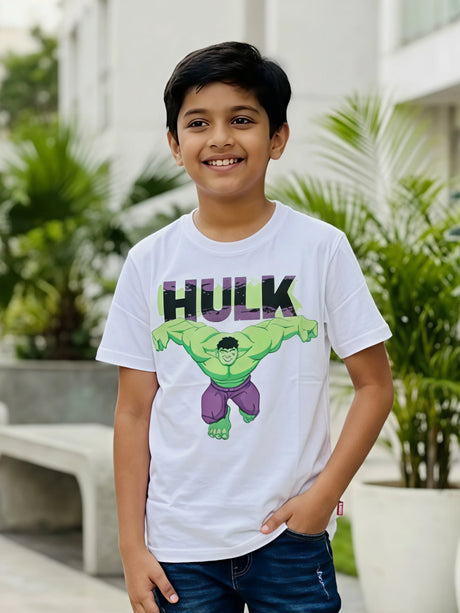 Boys' Hulk Graphic Print White Cotton T-Shirt