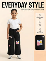Girls Black Patchwork Wide Leg Casual Pants