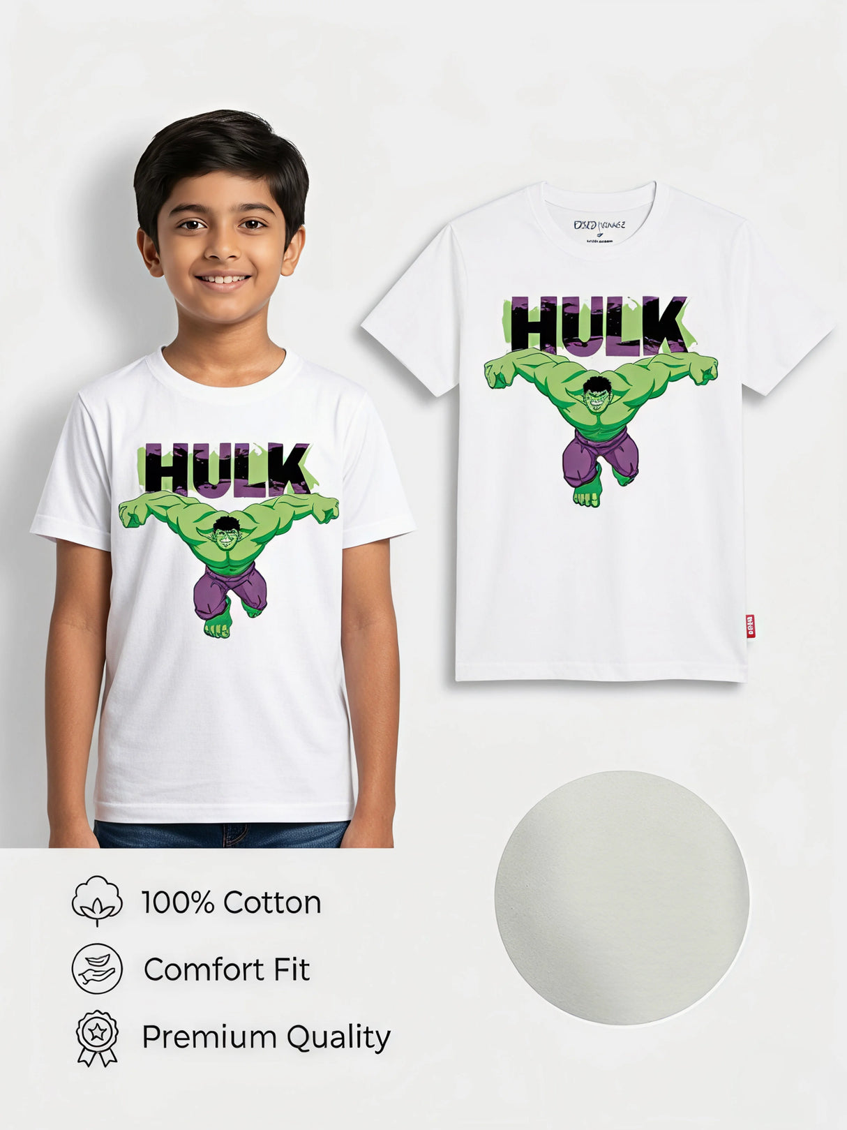 Boys' Hulk Graphic Print White Cotton T-Shirt