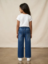 Girls Blue Embroidered Wide-Leg Casual Pants.