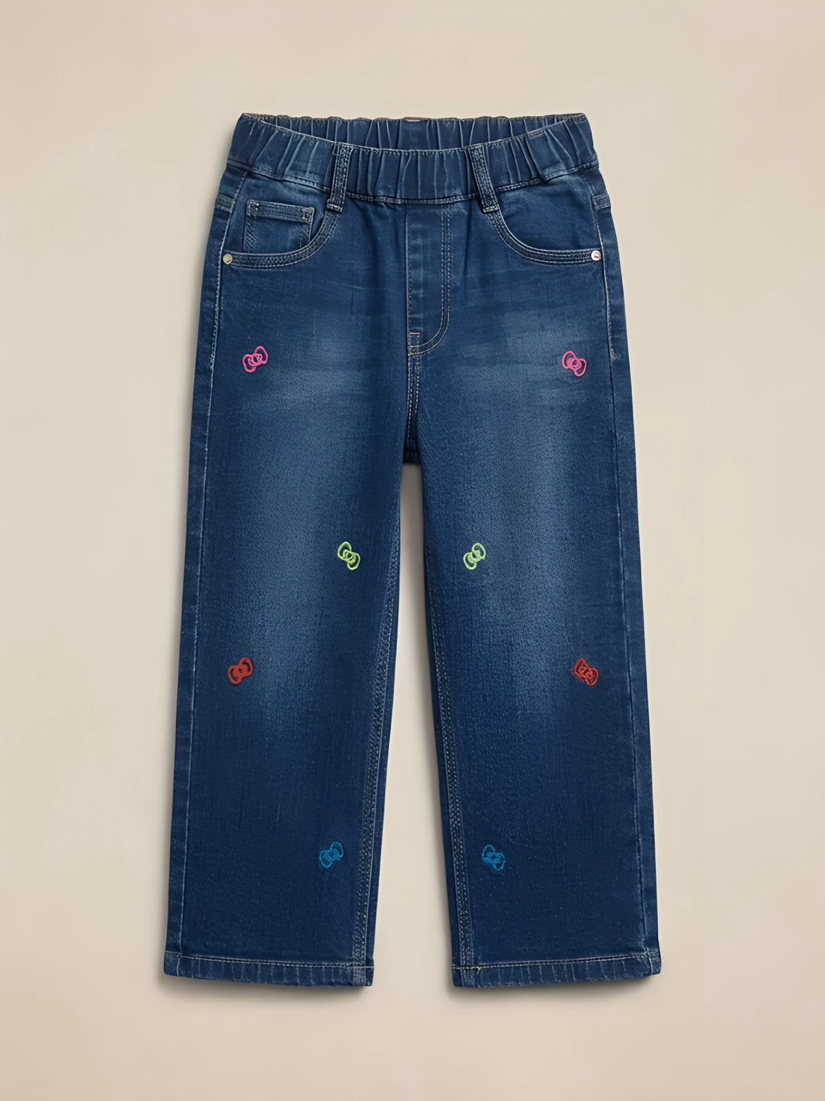 Girls Blue Embroidered Wide-Leg Casual Pants.