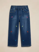 Girls Blue Embroidered Wide-Leg Casual Pants.
